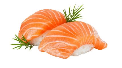 Fresh Salmon Sushi with Rice and Garnish on White Background for Culinary and Food Use