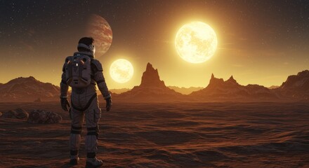 Astronaut Exploring Alien Planet Landscape with Twin Suns and Mountains at Sunset