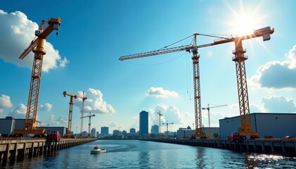Fototapeta premium Industrial construction site with cranes and equipment, building, construction