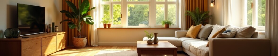 Interior shot of cozy living room with sunlight streaming in through windows, cozy, relaxation