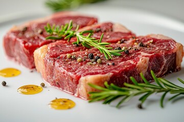 Fototapeta premium Fresh Red Steak on White Plate with Herbs