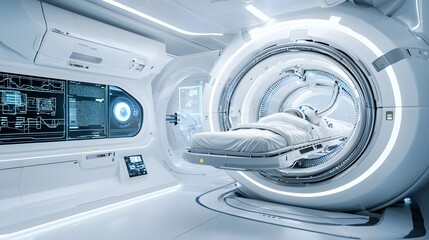 A highly advanced futuristic medical scanner and monitoring system inside a sleek illuminated traveler s pod or capsule designed for diagnostic examinations or treatments in a sterile