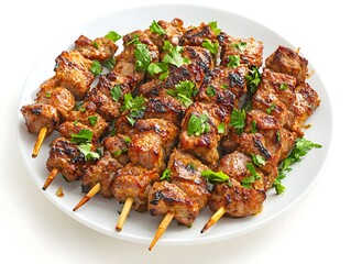 Fototapeta premium Mouthwatering Thai Grilled Pork Skewers on a Ceramic Plate with Sticky Rice on a Clean White Background
