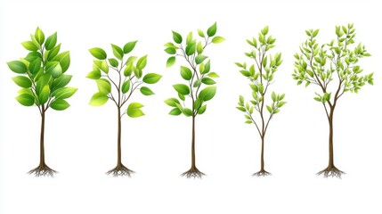 Five Stages of Tree Growth with Leaves on White Background