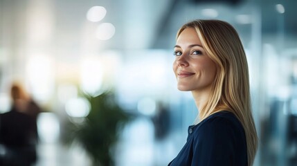 Fototapeta premium Smiling caucasian female adult in office environment looking confident and professional