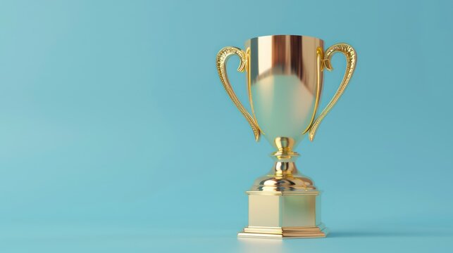 floated 3d gold trophy cup on blue background copy space
