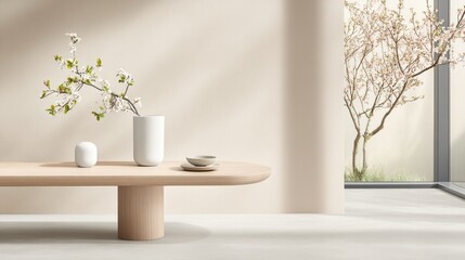 Minimalist interior scene with cherry blossom branch on table