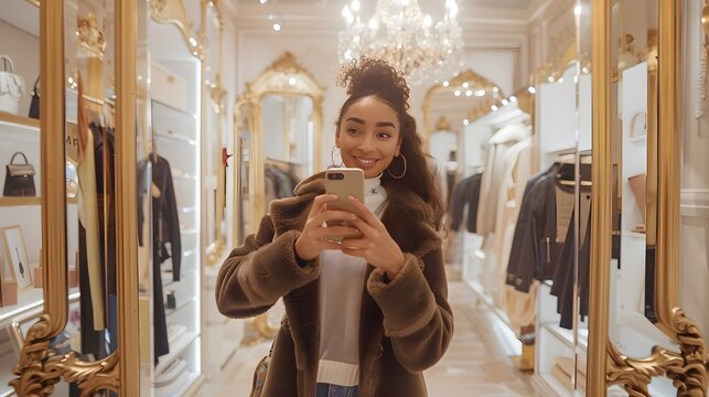 Stylish Lifestyle Influencer Snaps Mirror Selfie in Luxurious Dressing Room - Powered by Adobe