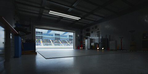 3D Motorsport pit garage overlooking crowded stadium with open roller door