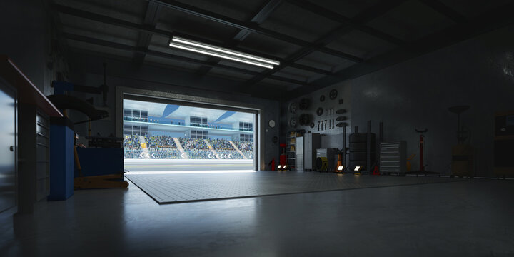 3D Motorsport pit garage overlooking crowded stadium with open roller door