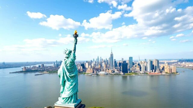 Statue of Liberty aerial view pulling back from close up with Manhattan skyline in background in New York City NYC