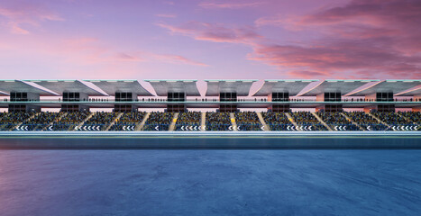 3D Spectators filling stadium seats at dusk, awaiting race start