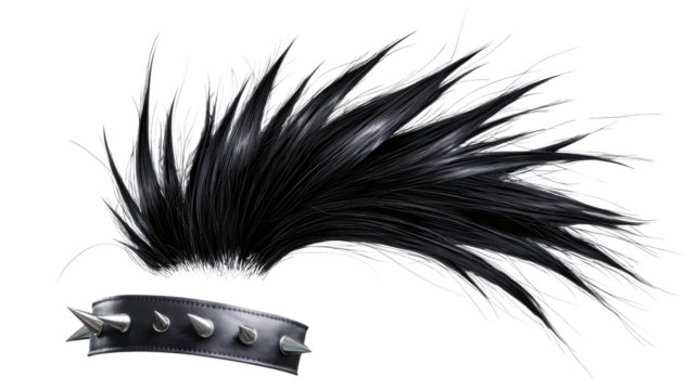 Black Mohawk Hairstyle with Spiky Leather Belt Perfect for Punk Rock and Alternative Fashion Themes