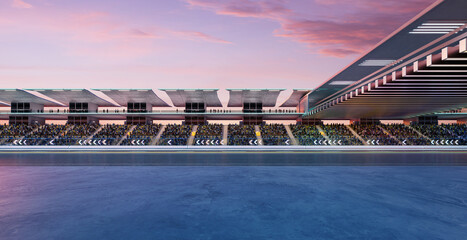 3D Spectators filling bleachers of modern racetrack at sunset © jamesteohart