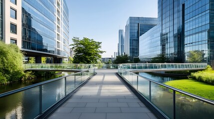 A modern urban landscape featuring towering skyscrapers with glass facades seamlessly connected by transparent walkways that appear to float above a tranquil water feature surrounded by lush greenery