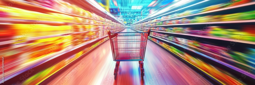 Poster grocery cart zips through supermarket aisle in vibrant colors and high-energy movement capturing the