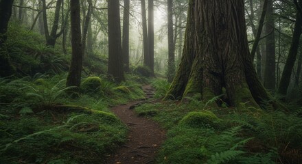 Obraz premium Enchanting Mossy Forest Trail Misty Woods Path Lush Green Nature Scene