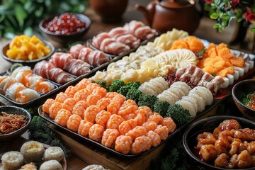 Exquisite Selection of Colorful Sushi and Asian Cuisine Spread on a Wooden Table Display, Perfect for Gastronomic Enthusiasts and Food Photography