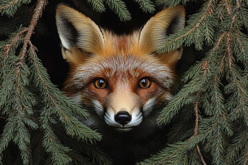 A cunning red fox stares out from behind a screen of evergreen pine branches