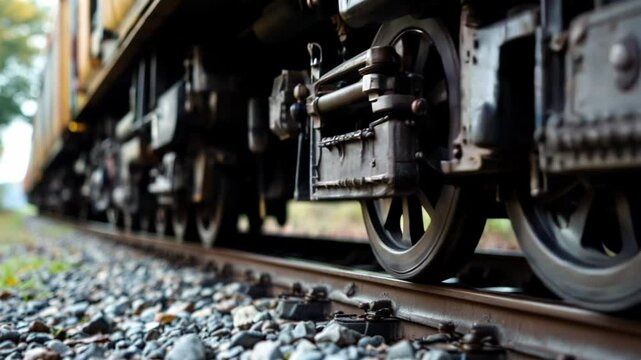 Low angle shot of the wheels of a slowly moving freight train