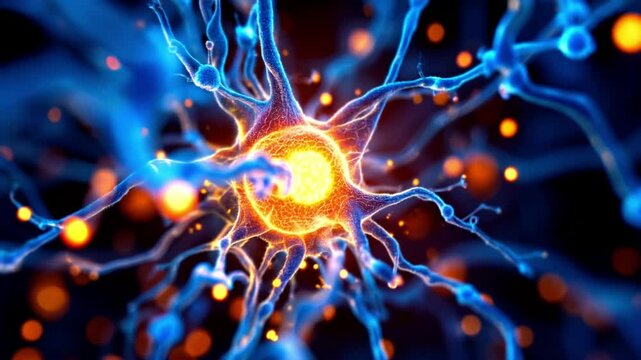 Journey through a neuron cell network inside the brain. Tecno Blue. Loopable
