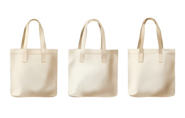 3 realistic cotton canvas tote bags in neutral tones, isolated on a transparent background