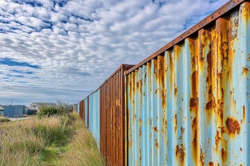 Fototapeta premium Rusty shipping containers form a weathered fence against a bright, cloudy sky. The scene evokes a sense of abandonment and resilience.