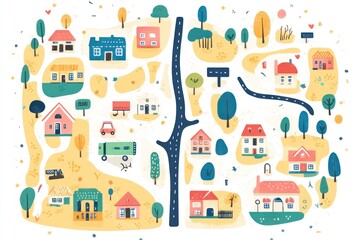 Fototapeta premium Colorful cartoon map of a charming suburban neighborhood with roads, houses, and trees