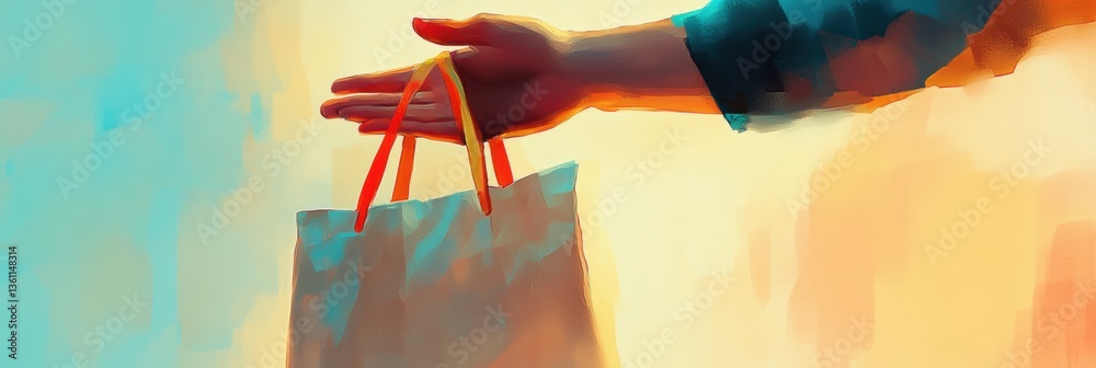 Fototapete bright illustration of a hand presenting a grocery bag with colorful brushwork in a soft glowing env