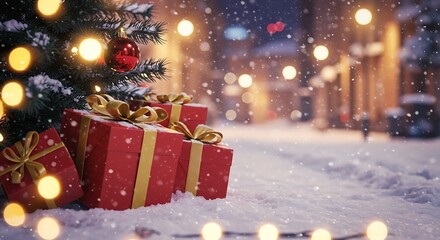A festive winter scene with presents and a decorated tree