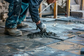 Craftsman precisely installing floor tiles at a construction site