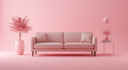 A minimalist pink room featuring furniture and decorative elements