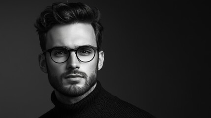 Obraz premium Stylish young caucasian male with glasses in black and white portrait