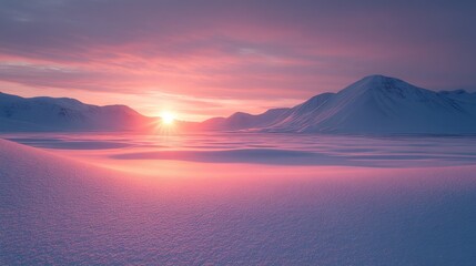 Pink sunset over snow-covered mountains and plains.