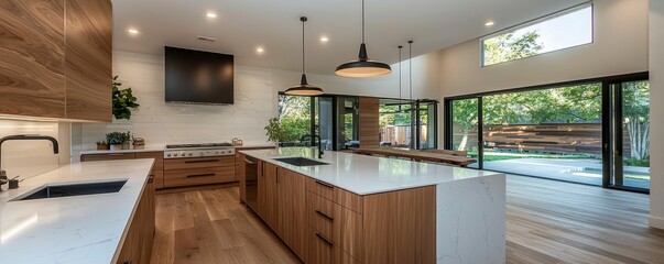 The contemporary kitchen unveils a symphony of natural elements, where sleek wood cabinets intertwine with pristine white countertops, crafting a harmonious blend of sophistication and warmth