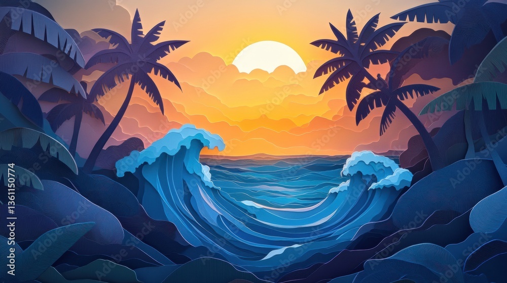 Aufkleber Tropical island landscape with palm trees and glowing sunset in layered paper cut style showcasing warm tones and ocean waves Generative AI
