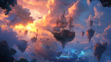 A ship sailing through a sky full of floating islands, glowing clouds, and magical creatures, realistic