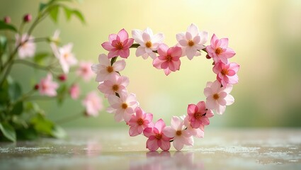 Obraz premium photo of a delicate pink and white heart made of flowers woven together background is a serene setting with greenery and a soft glow