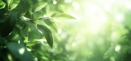 Soft sunlight filters through lush green leaves, creating a serene and tranquil scene.