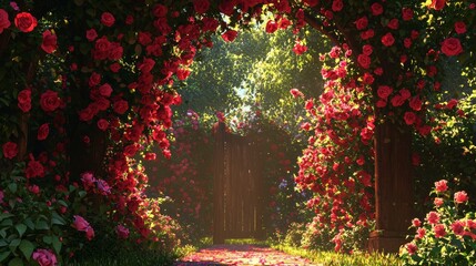 Obraz premium Enchanted Garden Pathway Surrounded by Lush Roses, Blooming Foliage, and Soft Light Filters Creating Magical Atmosphere