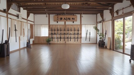 A traditional Japanese samurai dojo with wooden floors paper walls and a rack displaying various katana swords creating a serene and historic atmosphere for martial arts training and practice