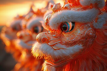 Vibrant Close-Up of Traditional Chinese Lion Dance Costume with Intricate Detailing Against a Golden Sunset, Symbolizing Joy and Celebration in Cultural Festivals