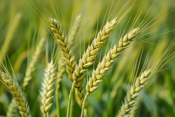 Close-up of a green wheat field in summer showing the detail of the plant heads
