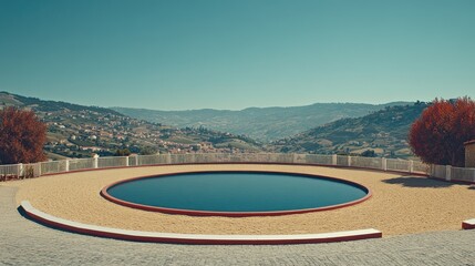 Panoramic view of a circular pool overlooking rolling hills and vineyards under a clear blue sky.
