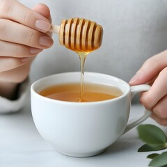 Woman adding honey to tea; kitchen; calm background; wellness