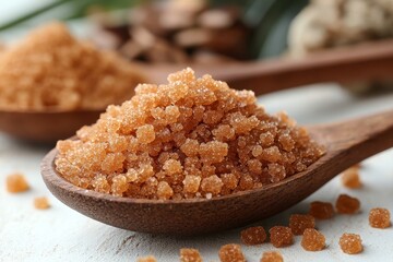 Brown Sugar Pile in Wooden Spoon on White Background