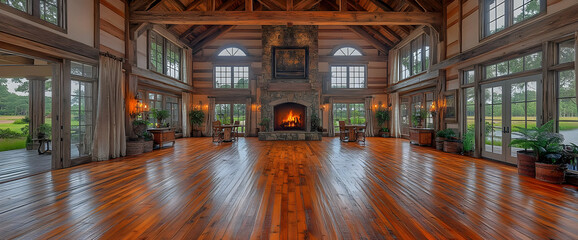 Fototapeta premium Large Rustic Interior Log Cabin with Fireplace