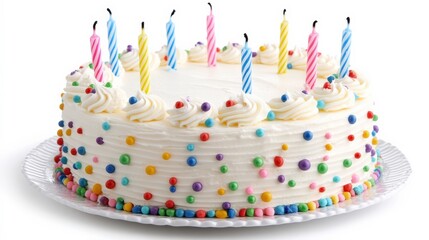 Birthday Cake with Colorful Candles on White Background