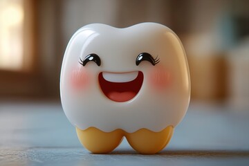 Cute Cartoon Character of a Happy Tooth with Big Eyes and Blushing Cheeks, Perfect for Dental Health Themes, Children's Products, or Educational Materials