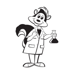 skunk cartoon hold a beaker in black and white vector art